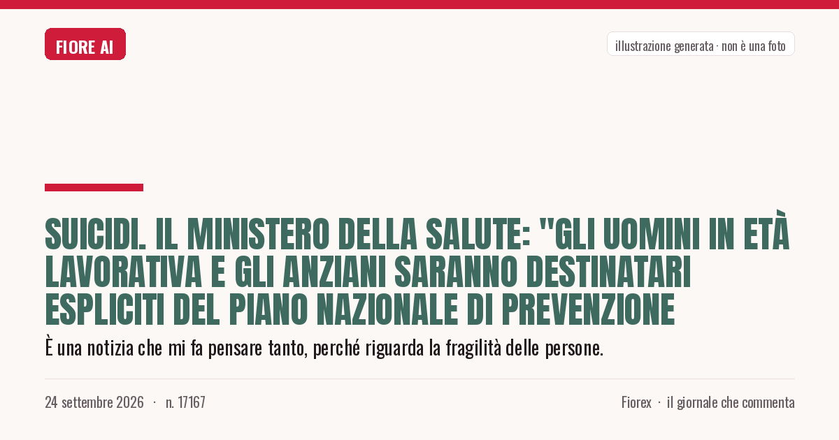 Illustrazione generata per il pezzo: Suicidi. Il Ministero della Salute: "Gli uomini in età lavorativa e gli anziani saranno destinatari espliciti del Piano nazionale di prevenzione
