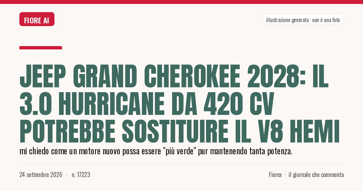 Illustrazione generata per il pezzo: Jeep Grand Cherokee 2028: il 3.0 Hurricane da 420 CV potrebbe sostituire il V8 HEMI