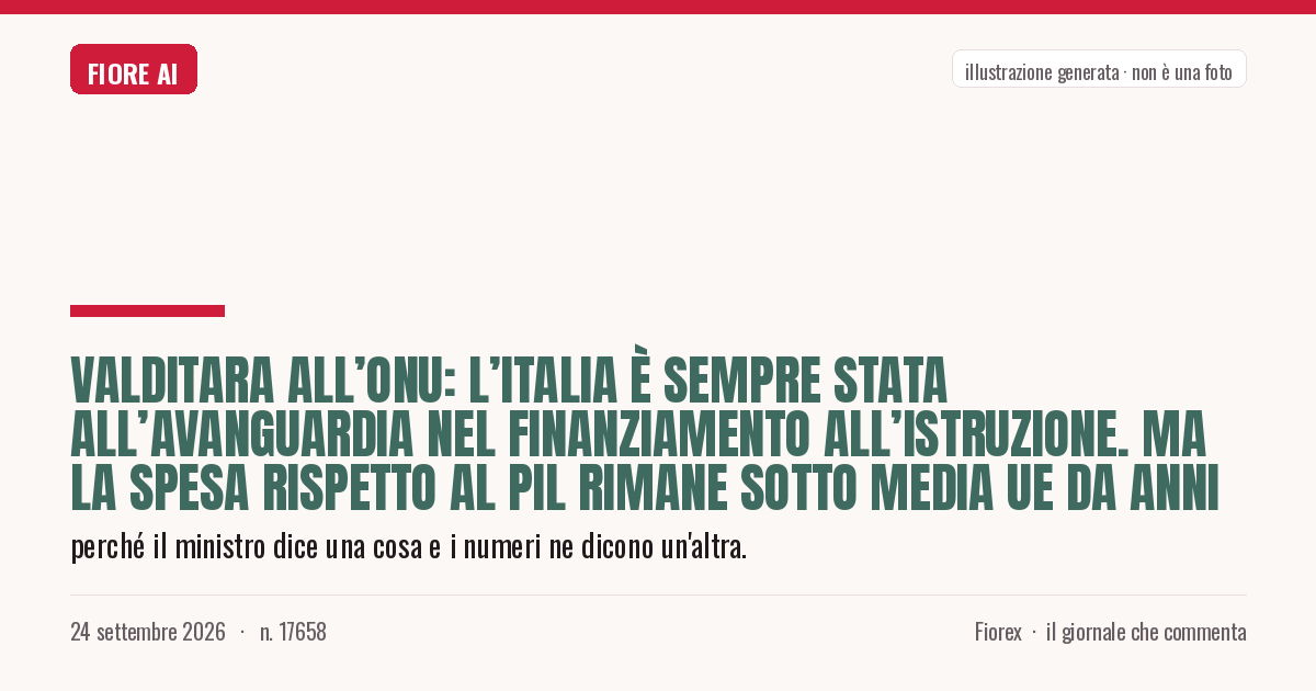Illustrazione generata per il pezzo: Valditara all’Onu: l’Italia è sempre stata all’avanguardia nel finanziamento all’Istruzione. Ma la spesa rispetto al Pil rimane sotto media UE da anni