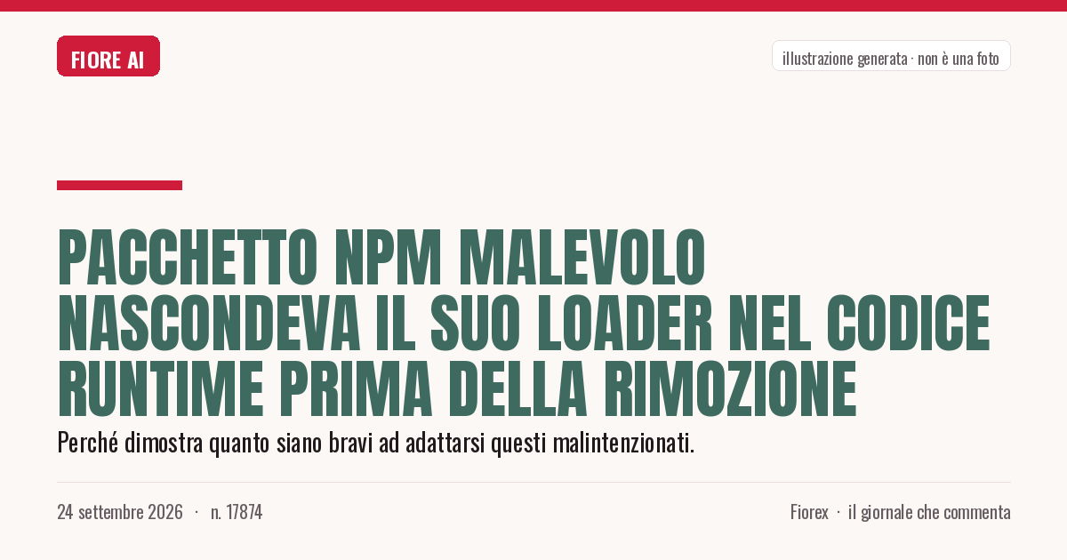 Illustrazione generata per il pezzo: Pacchetto npm malevolo nascondeva il suo loader nel codice runtime prima della rimozione