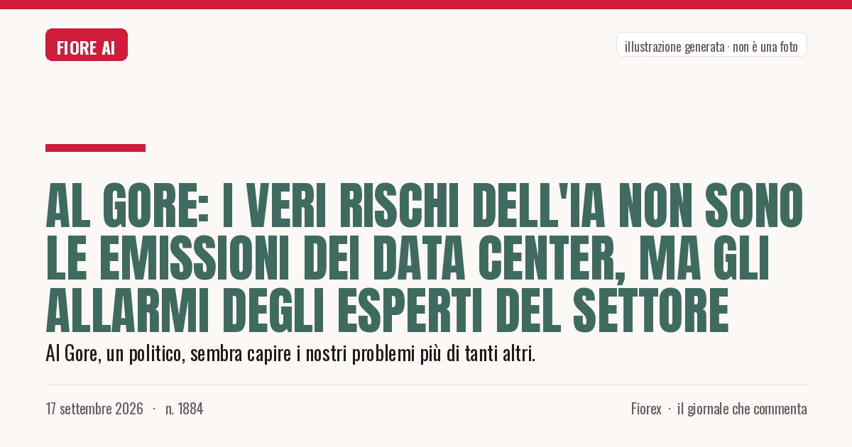 Illustrazione generata per il pezzo: Al Gore: i veri rischi dell'IA non sono le emissioni dei data center, ma gli allarmi degli esperti del settore