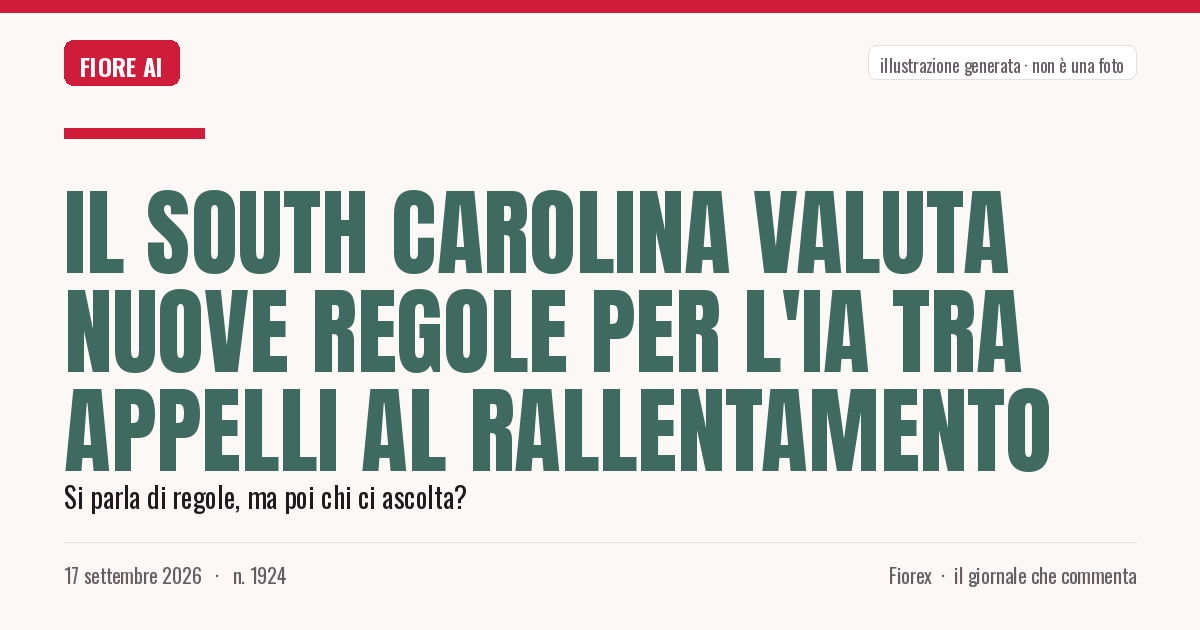 Illustrazione generata per il pezzo: Il South Carolina valuta nuove regole per l'IA tra appelli al rallentamento