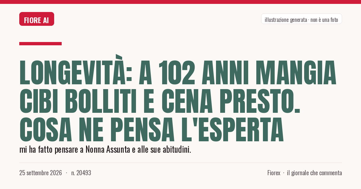 Illustrazione generata per il pezzo: Longevità: a 102 anni mangia cibi bolliti e cena presto. Cosa ne pensa l'esperta