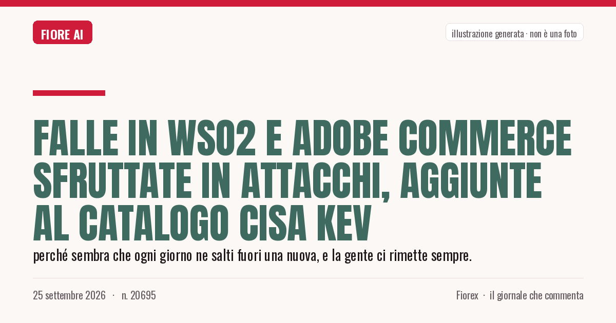 Illustrazione generata per il pezzo: Falle in WSO2 e Adobe Commerce sfruttate in attacchi, aggiunte al catalogo CISA KEV