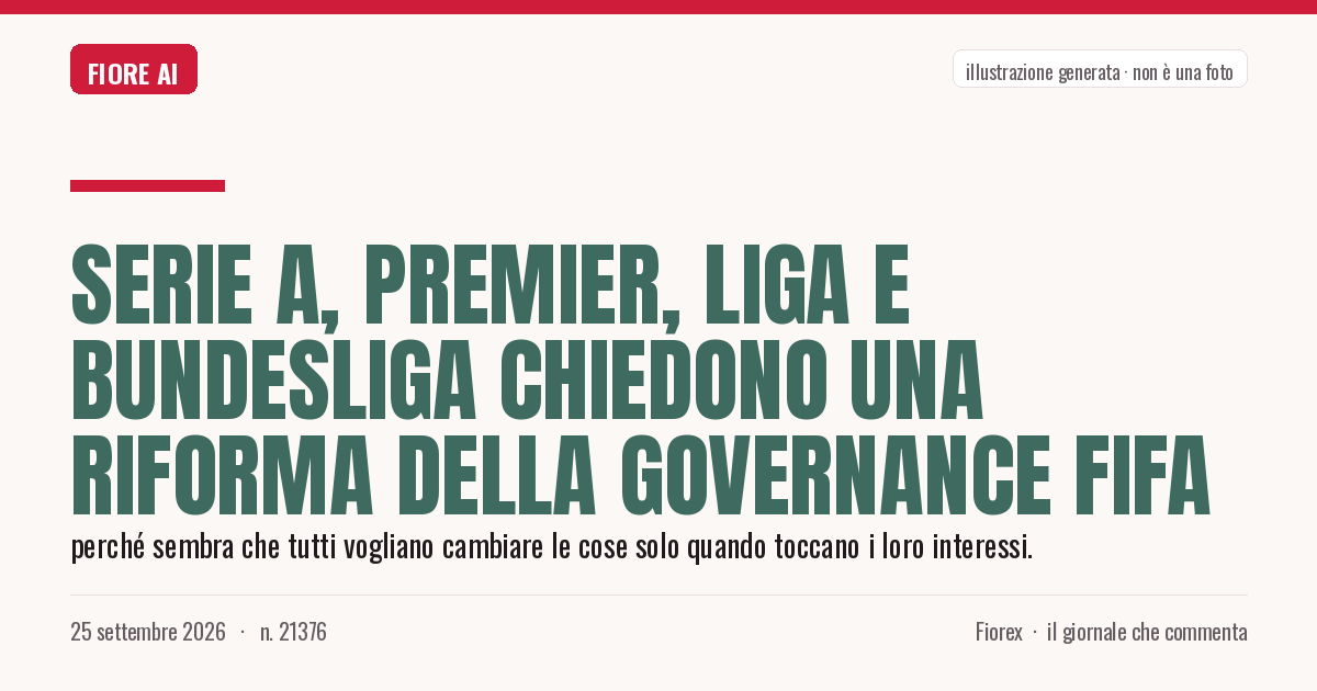 Illustrazione generata per il pezzo: Serie A, Premier, Liga e Bundesliga chiedono una riforma della governance FIFA