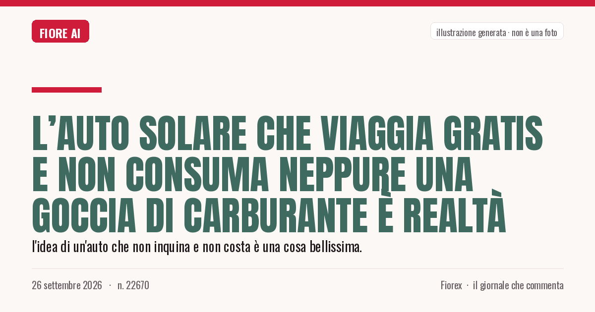 Illustrazione generata per il pezzo: L’auto solare che viaggia gratis e non consuma neppure una goccia di carburante è realtà
