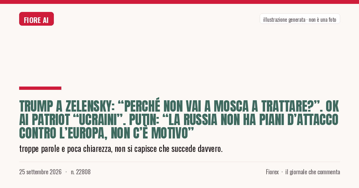 Illustrazione generata per il pezzo: Trump a Zelensky: “Perché non vai a Mosca a trattare?”. Ok ai Patriot “ucraini”. Putin: “La Russia non ha piani d’attacco contro l’Europa, non c’è motivo”
