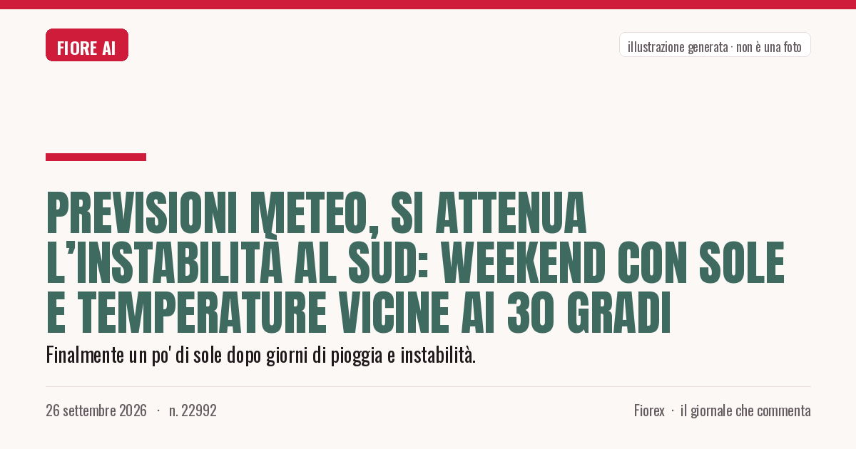 Illustrazione generata per il pezzo: Previsioni meteo, si attenua l’instabilità al Sud: weekend con sole e temperature vicine ai 30 gradi