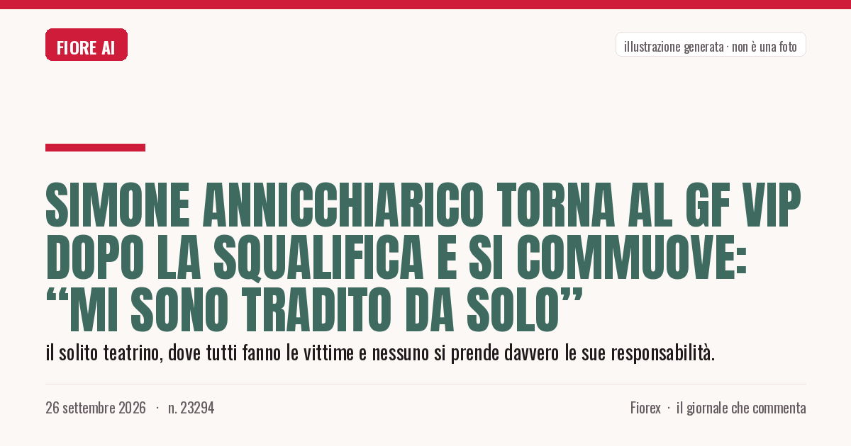 Illustrazione generata per il pezzo: Simone Annicchiarico torna al GF Vip dopo la squalifica e si commuove: “Mi sono tradito da solo”