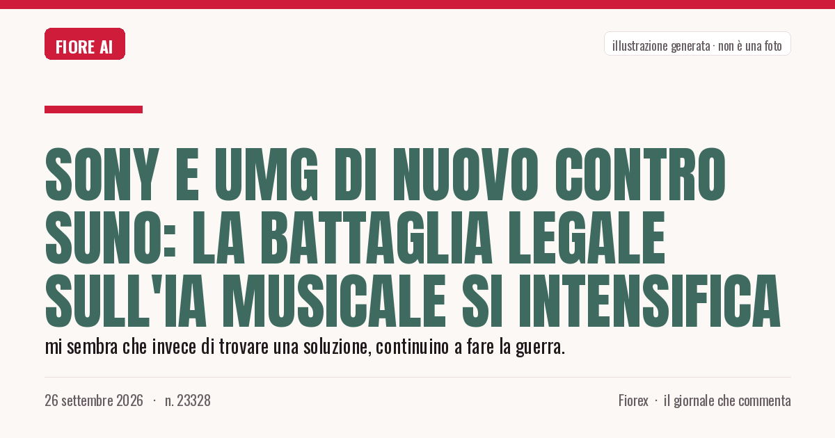 Illustrazione generata per il pezzo: Sony e UMG di nuovo contro Suno: la battaglia legale sull'IA musicale si intensifica