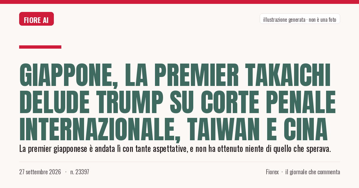 Illustrazione generata per il pezzo: Giappone, la premier Takaichi delude Trump su Corte penale internazionale, Taiwan e Cina