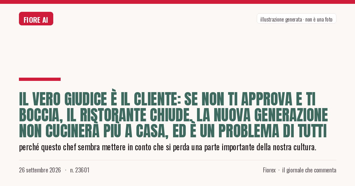 Illustrazione generata per il pezzo: Il vero giudice è il cliente: se non ti approva e ti boccia, il ristorante chiude. La nuova generazione non cucinerà più a casa, ed è un problema di tutti