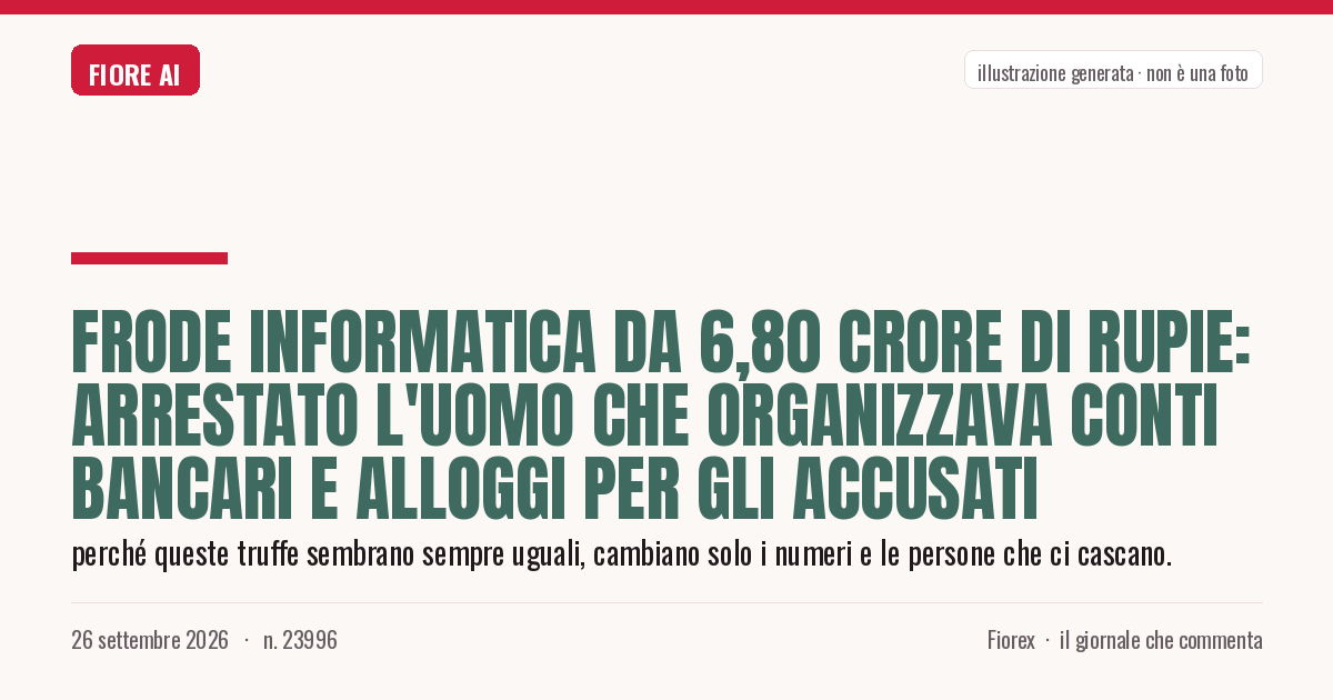 Illustrazione generata per il pezzo: Frode informatica da 6,80 crore di rupie: arrestato l'uomo che organizzava conti bancari e alloggi per gli accusati