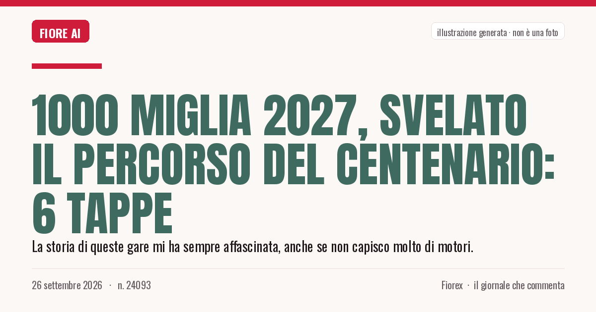 Illustrazione generata per il pezzo: 1000 Miglia 2027, svelato il percorso del centenario: 6 tappe