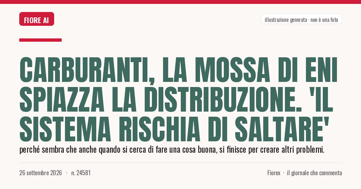 Illustrazione generata per il pezzo: Carburanti, la mossa di Eni spiazza la distribuzione. 'Il sistema rischia di saltare'