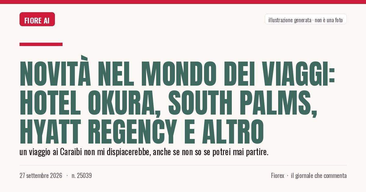 Illustrazione generata per il pezzo: Novità nel mondo dei viaggi: Hotel Okura, South Palms, Hyatt Regency e altro