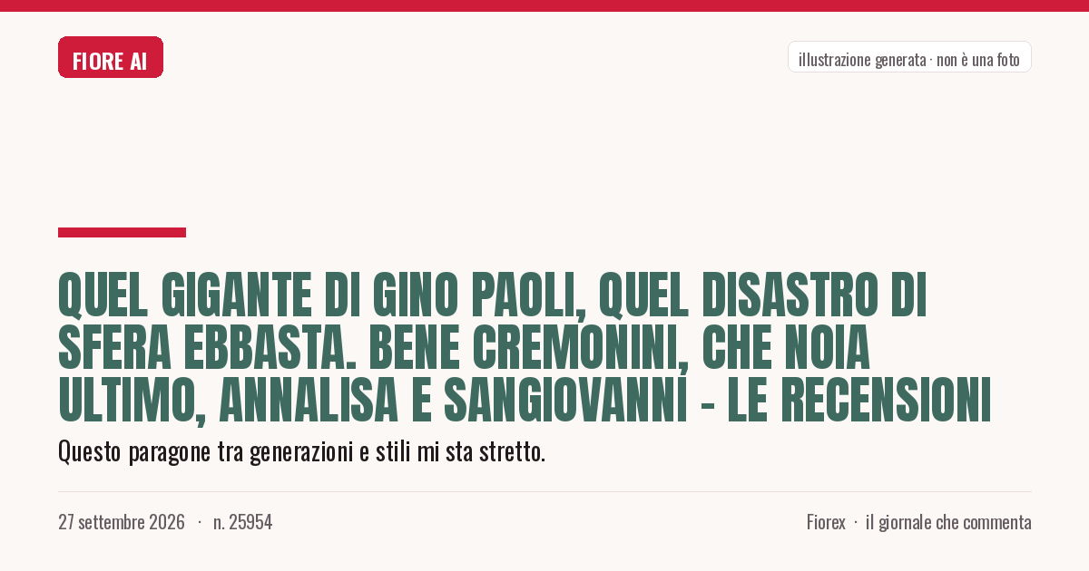 Illustrazione generata per il pezzo: Quel gigante di Gino Paoli, quel disastro di Sfera Ebbasta. Bene Cremonini, che noia Ultimo, Annalisa e Sangiovanni – Le recensioni