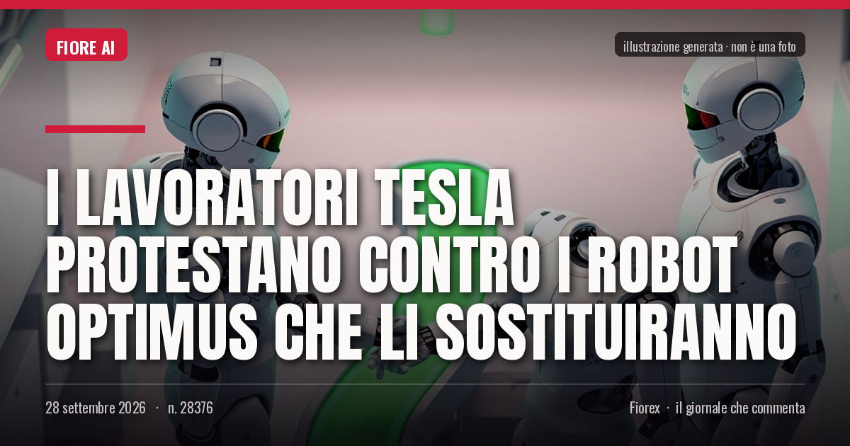 Illustrazione generata per il pezzo: I lavoratori Tesla protestano contro i robot Optimus che li sostituiranno
