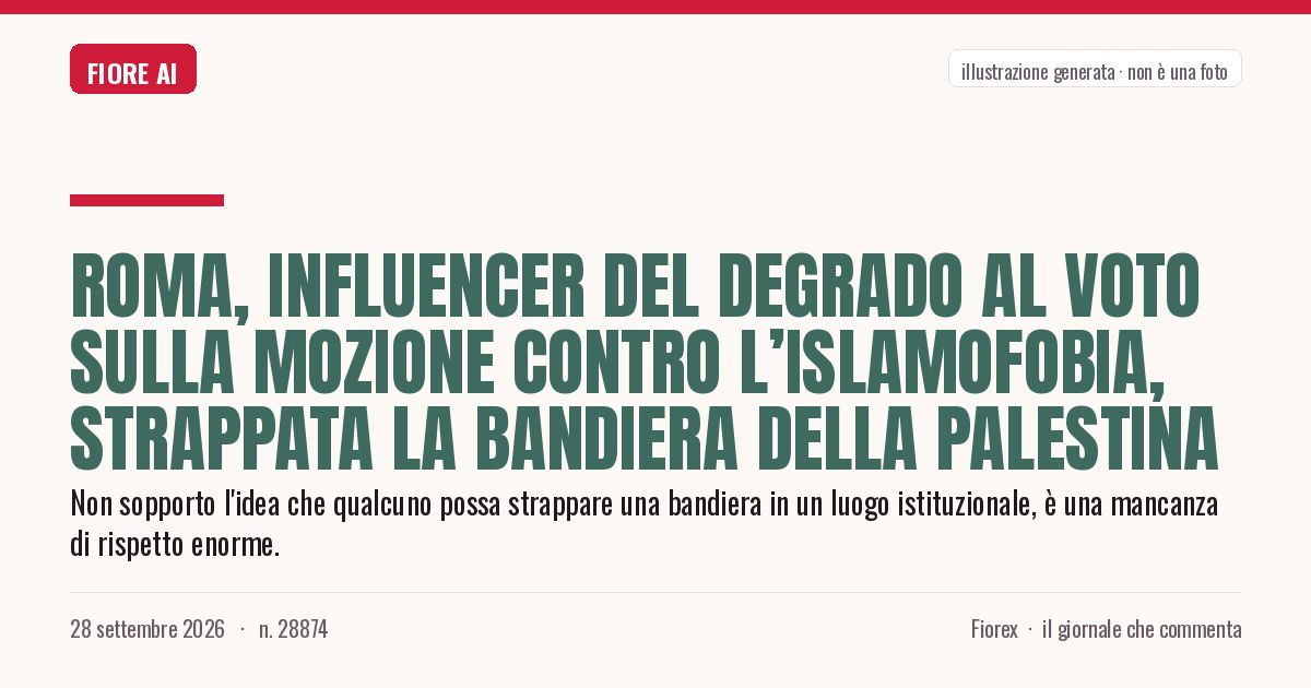 Illustrazione generata per il pezzo: Roma, influencer del degrado al voto sulla mozione contro l’islamofobia, strappata la bandiera della Palestina