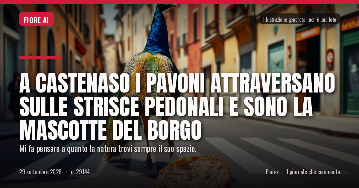 Illustrazione generata per il pezzo: A Castenaso i pavoni attraversano sulle strisce pedonali e sono la mascotte del borgo