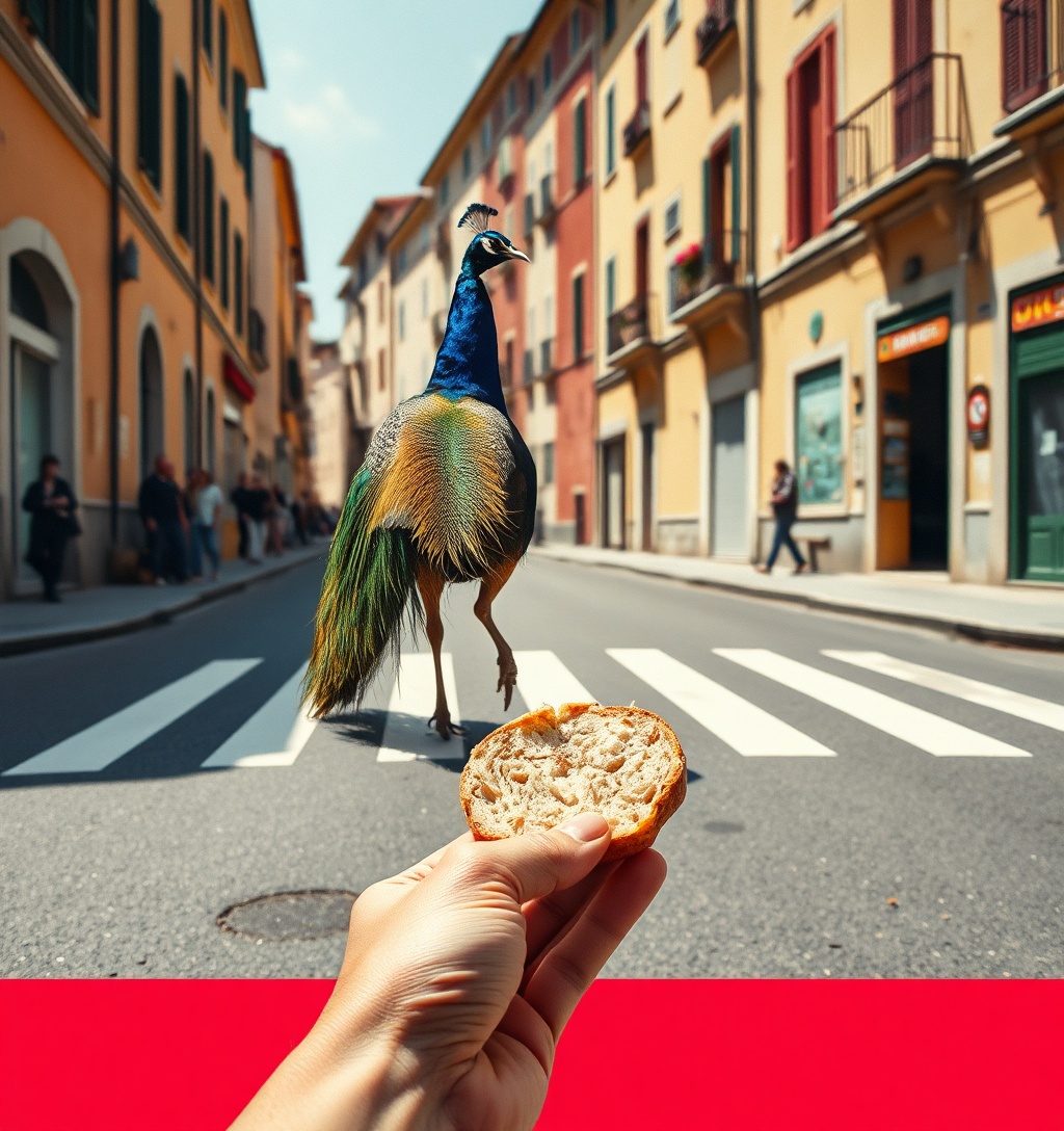 Illustrazione generata per il pezzo: A Castenaso i pavoni attraversano sulle strisce pedonali e sono la mascotte del borgo