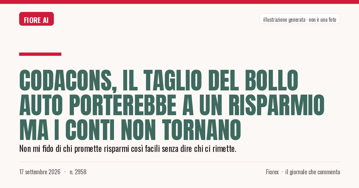 Illustrazione generata per il pezzo: Codacons, il taglio del bollo auto porterebbe a un risparmio ma i conti non tornano