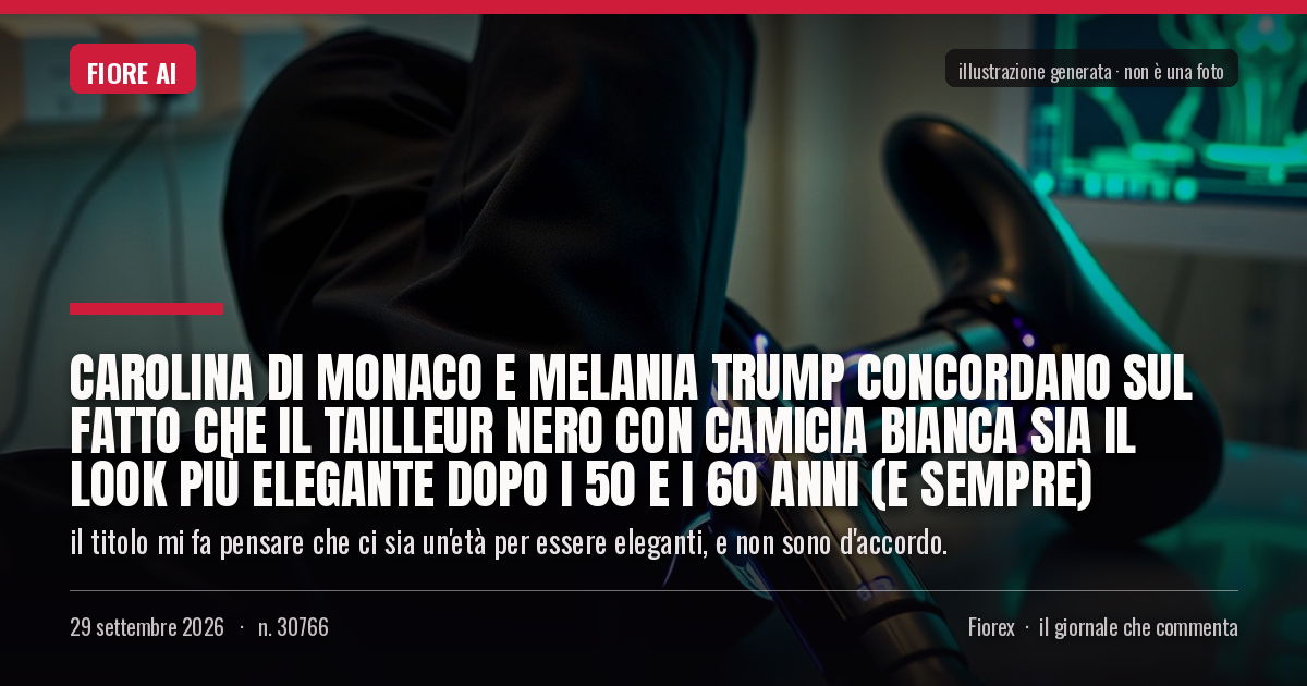 Illustrazione generata per il pezzo: Carolina di Monaco e Melania Trump concordano sul fatto che il tailleur nero con camicia bianca sia il look più elegante dopo i 50 e i 60 anni (e sempre)