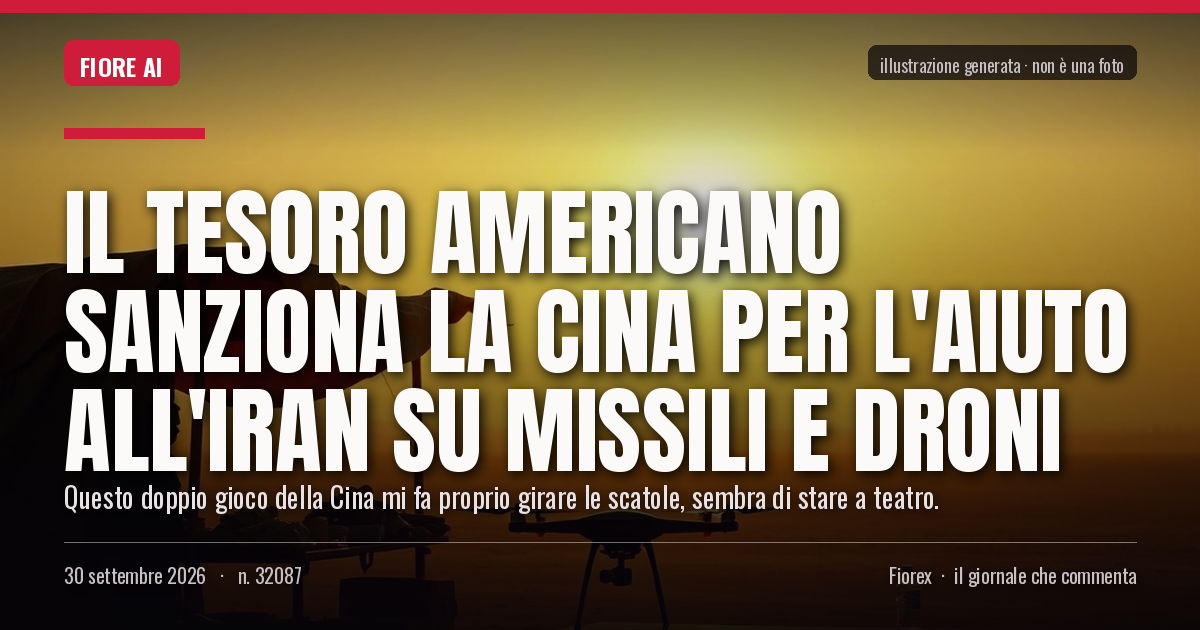 Illustrazione generata per il pezzo: Il Tesoro americano sanziona la Cina per l'aiuto all'Iran su missili e droni