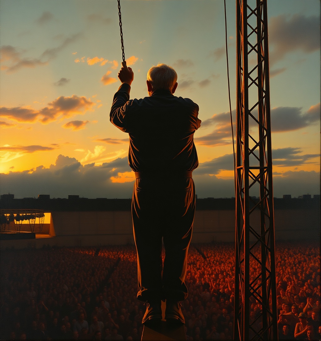 Illustrazione generata per il pezzo: Al Bano si arrampica su un traliccio a 83 anni e canta "Felicità