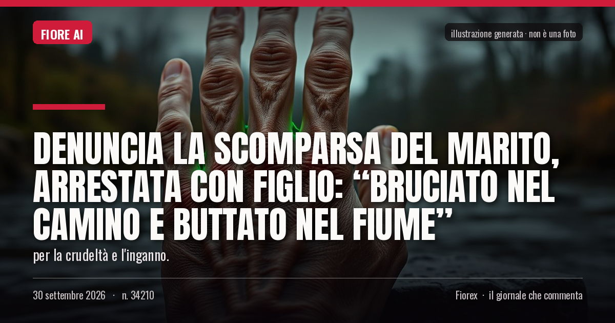 Illustrazione generata per il pezzo: Denuncia la scomparsa del marito, arrestata con figlio: “Bruciato nel camino e buttato nel fiume”