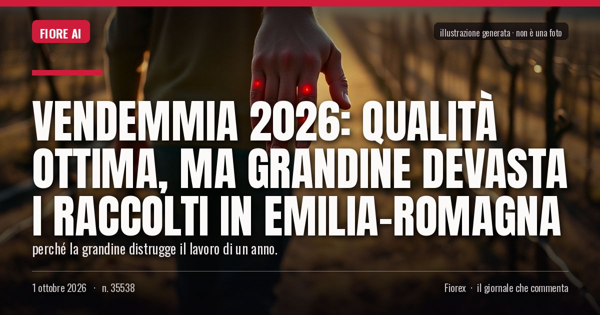 Illustrazione generata per il pezzo: Vendemmia 2026: qualità ottima, ma grandine devasta i raccolti in Emilia-Romagna