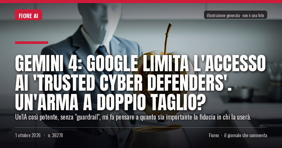 Illustrazione generata per il pezzo: Gemini 4: Google limita l'accesso ai 'trusted cyber defenders'. Un'arma a doppio taglio?
