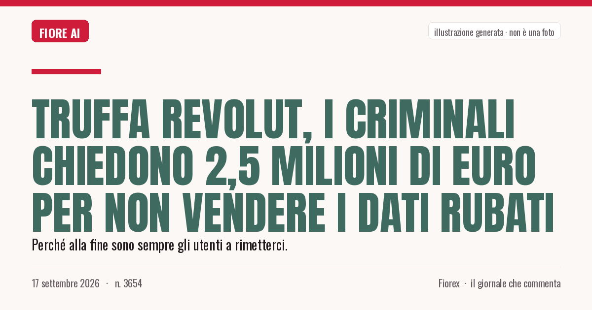 Illustrazione generata per il pezzo: Truffa Revolut, i criminali chiedono 2,5 milioni di euro per non vendere i dati rubati