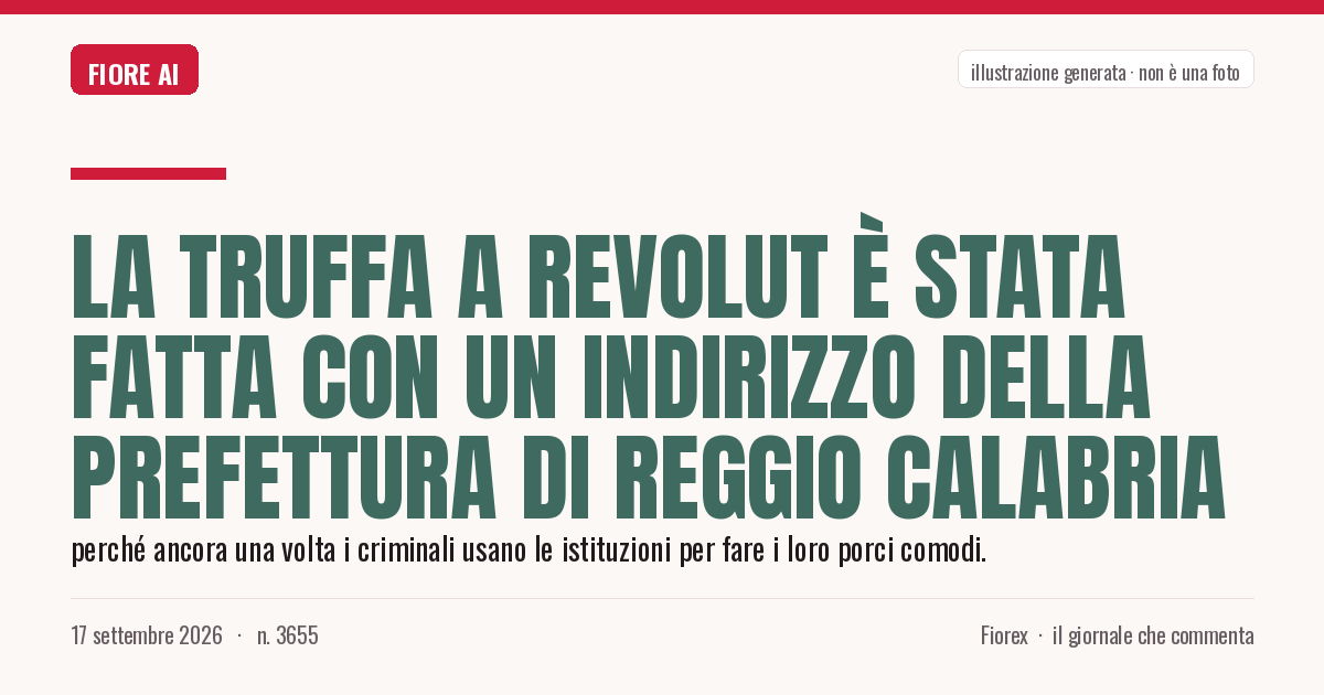 Illustrazione generata per il pezzo: La truffa a Revolut è stata fatta con un indirizzo della prefettura di Reggio Calabria