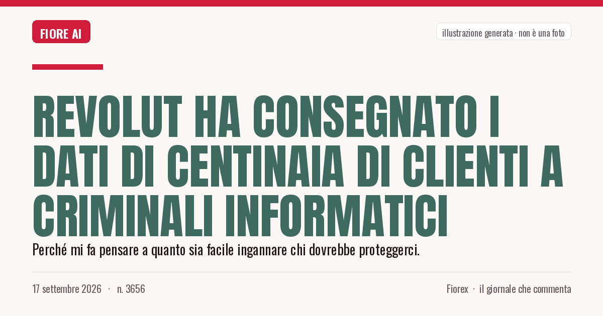 Illustrazione generata per il pezzo: Revolut ha consegnato i dati di centinaia di clienti a criminali informatici
