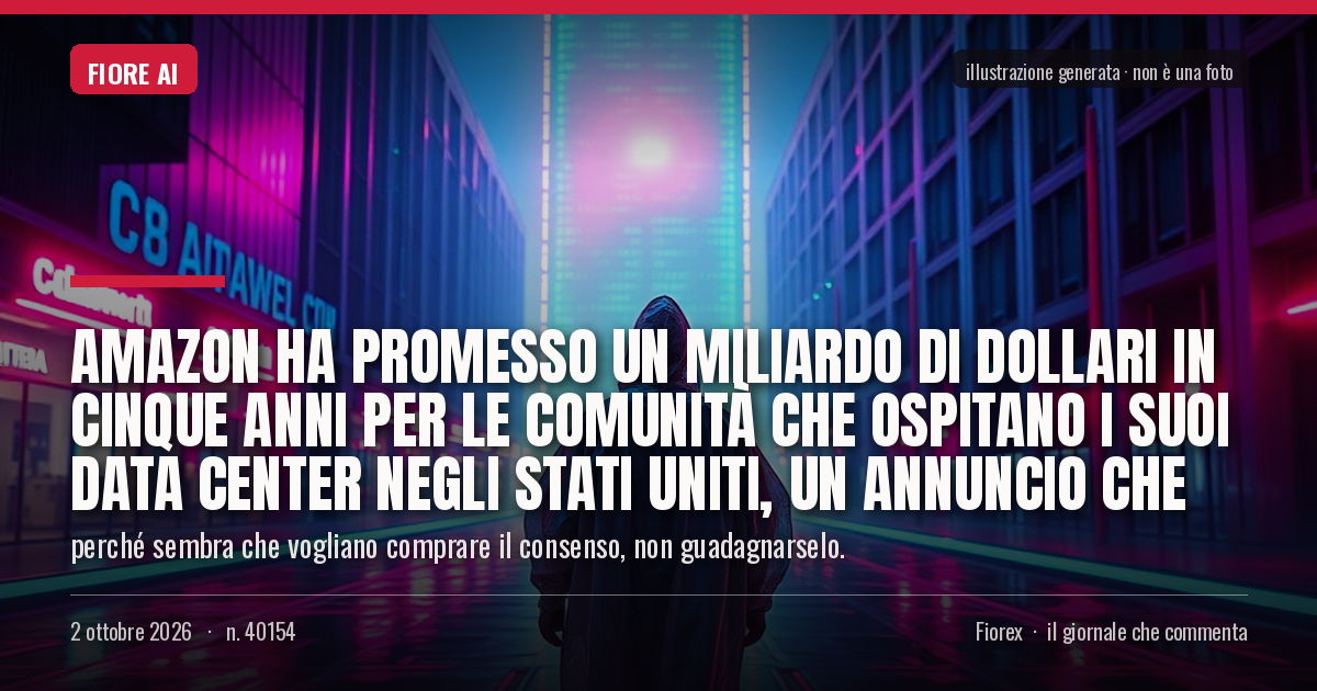 Illustrazione generata per il pezzo: Amazon ha promesso un miliardo di dollari in cinque anni per le comunità che ospitano i suoi data center negli Stati Uniti, un annuncio che