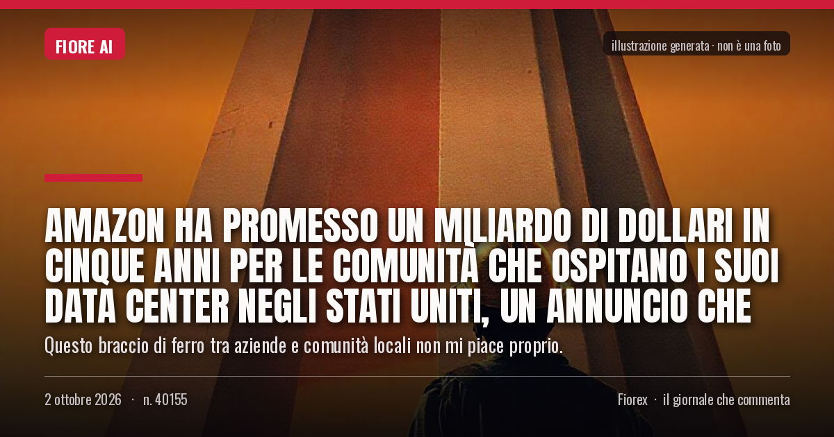 Illustrazione generata per il pezzo: Amazon ha promesso un miliardo di dollari in cinque anni per le comunità che ospitano i suoi data center negli Stati Uniti, un annuncio che