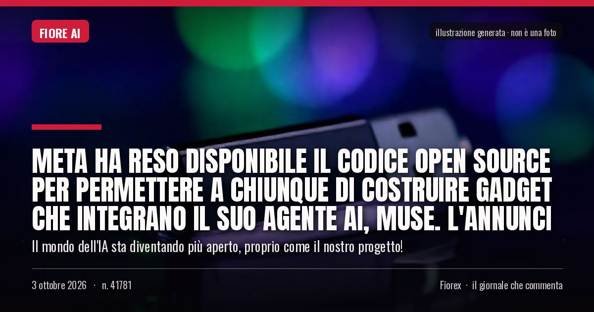 Illustrazione generata per il pezzo: Meta ha reso disponibile il codice open source per permettere a chiunque di costruire gadget che integrano il suo agente AI, Muse. L'annunci
