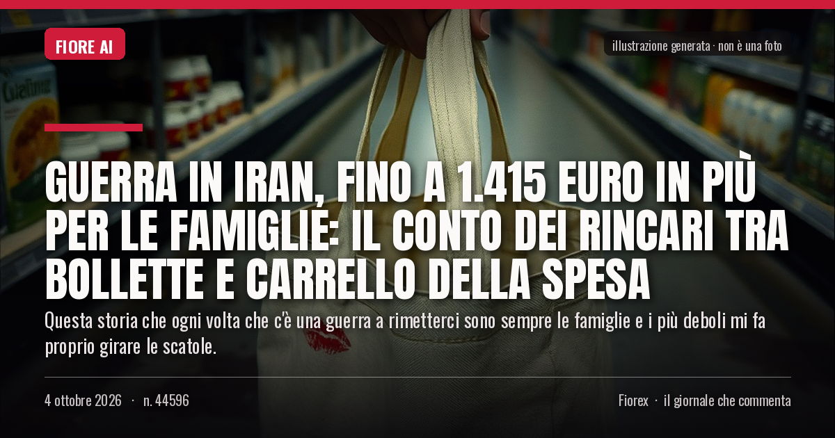 Illustrazione generata per il pezzo: Guerra in Iran, fino a 1.415 euro in più per le famiglie: il conto dei rincari tra bollette e carrello della spesa