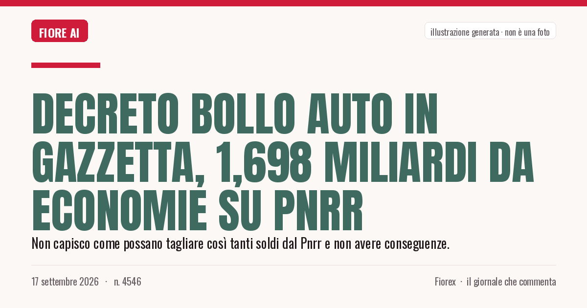 Illustrazione generata per il pezzo: Decreto bollo auto in Gazzetta, 1,698 miliardi da economie su Pnrr