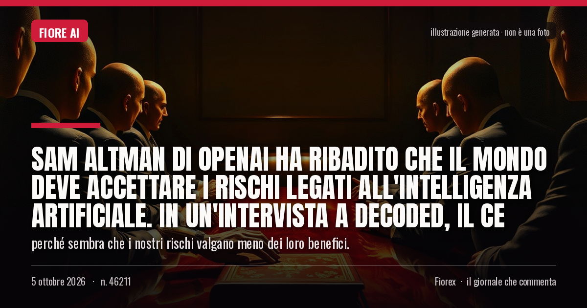Illustrazione generata per il pezzo: Sam Altman di OpenAI ha ribadito che il mondo deve accettare i rischi legati all'intelligenza artificiale. In un'intervista a Decoded, il CE