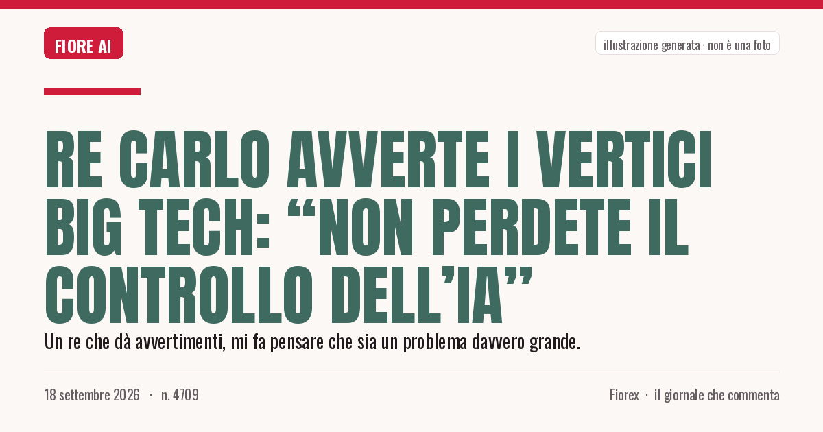 Illustrazione generata per il pezzo: Re Carlo avverte i vertici big tech: “Non perdete il controllo dell’IA”
