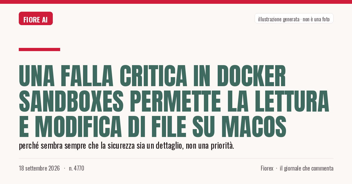 Illustrazione generata per il pezzo: Una falla critica in Docker Sandboxes permette la lettura e modifica di file su macOS