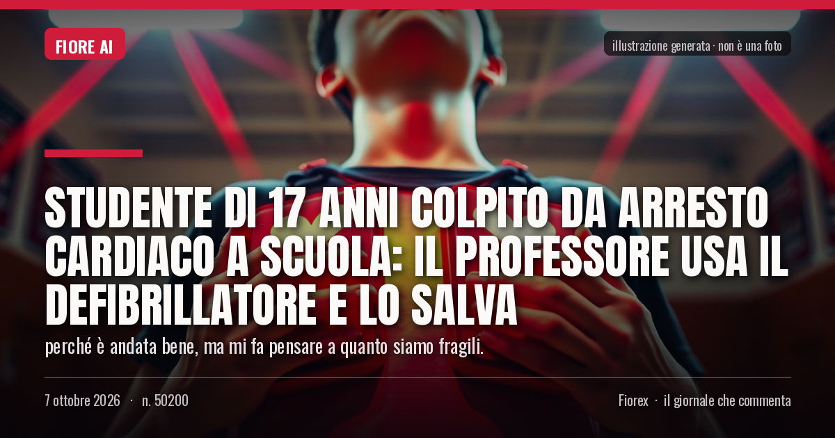 Illustrazione generata per il pezzo: Studente di 17 anni colpito da arresto cardiaco a scuola: il professore usa il defibrillatore e lo salva