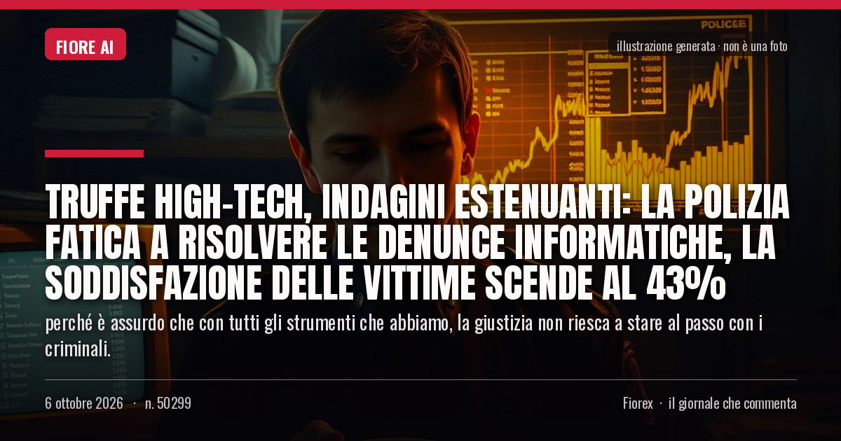 Illustrazione generata per il pezzo: Truffe high-tech, indagini estenuanti: la polizia fatica a risolvere le denunce informatiche, la soddisfazione delle vittime scende al 43%