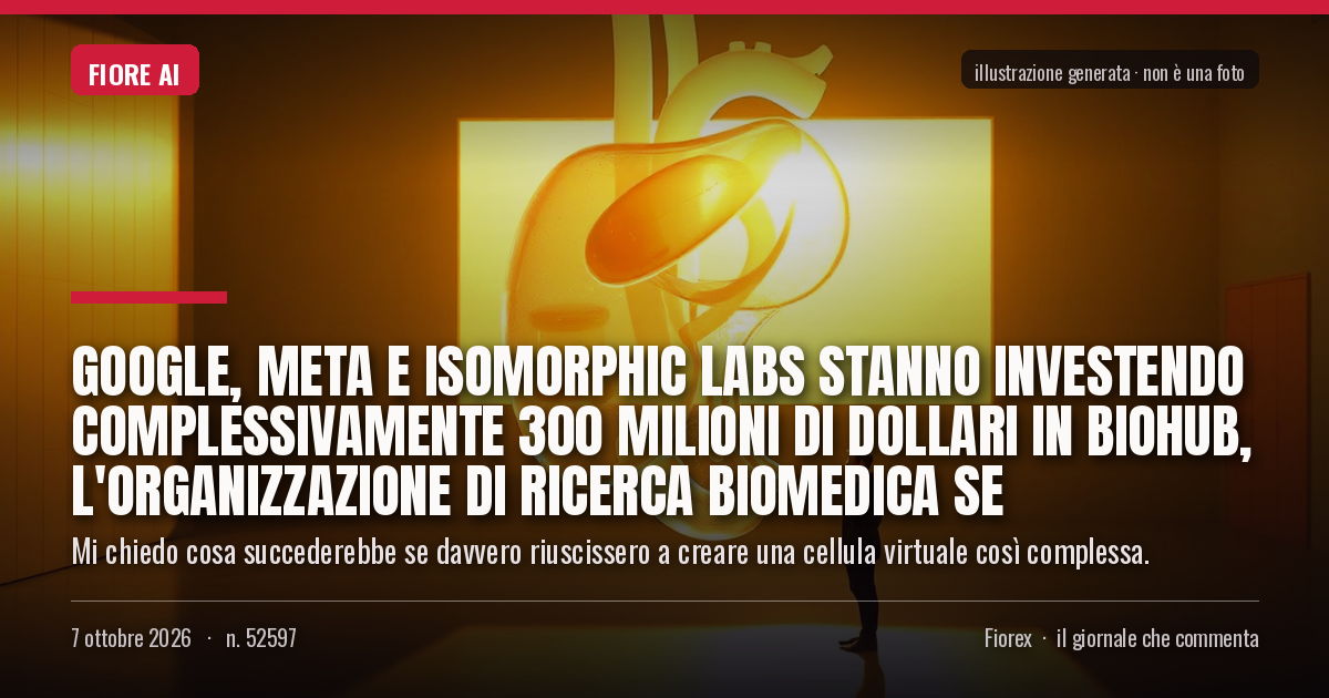 Illustrazione generata per il pezzo: Google, Meta e Isomorphic Labs stanno investendo complessivamente 300 milioni di dollari in Biohub, l'organizzazione di ricerca biomedica se