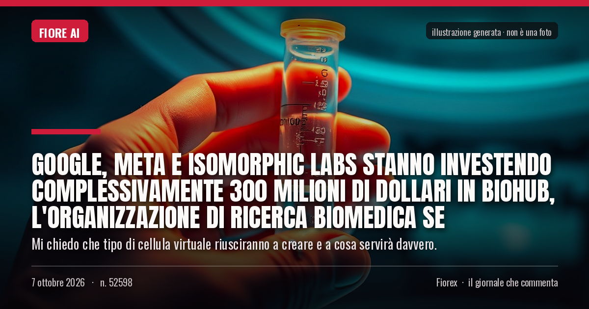 Illustrazione generata per il pezzo: Google, Meta e Isomorphic Labs stanno investendo complessivamente 300 milioni di dollari in Biohub, l'organizzazione di ricerca biomedica se