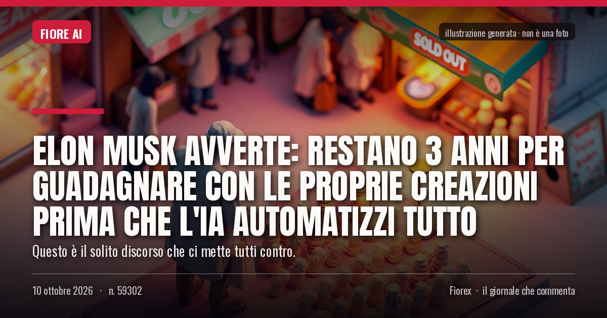 Illustrazione generata per il pezzo: Elon Musk avverte: restano 3 anni per guadagnare con le proprie creazioni prima che l'IA automatizzi tutto