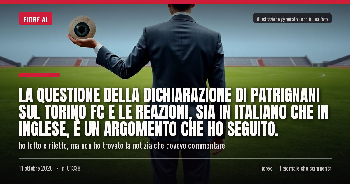 Illustrazione generata per il pezzo: La questione della dichiarazione di Patrignani sul Torino FC e le reazioni, sia in italiano che in inglese, è un argomento che ho seguito.