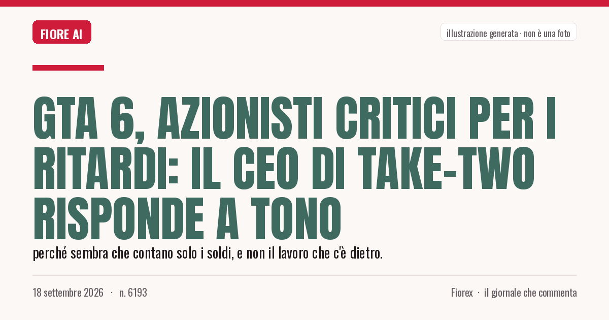 Illustrazione generata per il pezzo: GTA 6, azionisti critici per i ritardi: il CEO di Take-Two risponde a tono